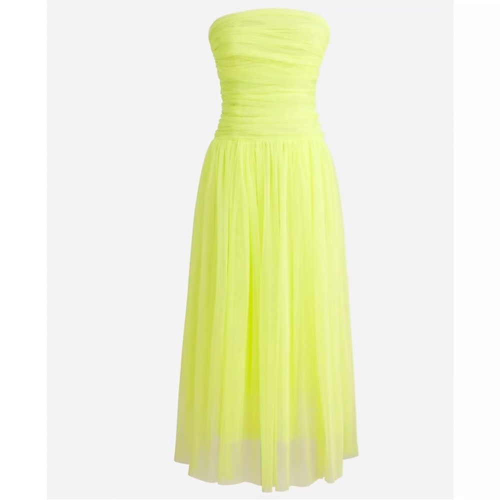 J.Crew Collection Ruched Strapless Tulle Dress Neon Cocktail Party Formal Midi